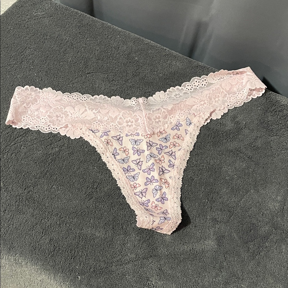 PINK Victoria's Secret Light Pink Lace Thong with Butterfly Print